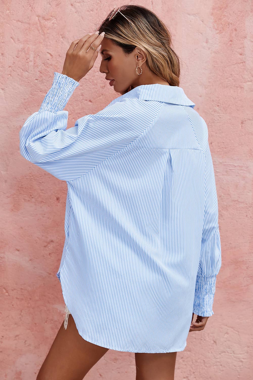 Smocked Cuffed Blue White Striped Boyfriend Shirt