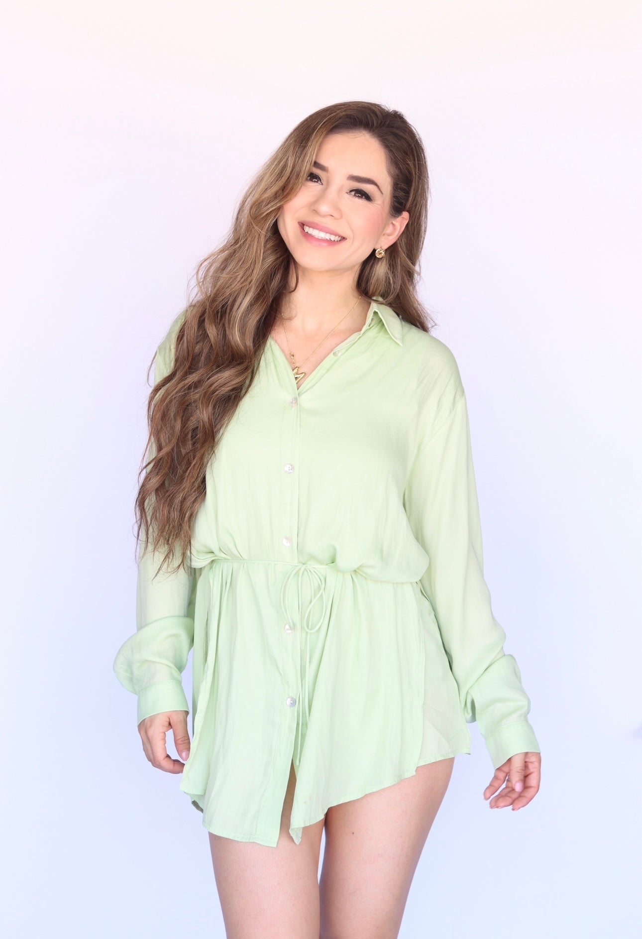 Mellow Green Solid Button Down High-Waisted Belt Shirt Romper