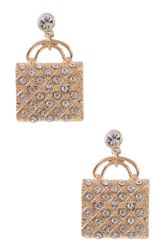 These elegant gold metal purse rhinestone drop earrings are the perfect addition to any outfit. Featuring a length of 1 3/4 inches and a secure post back, these earrings are both fashionable and functional. Add a touch of sparkle and sophistication to your look with these beautiful earrings.